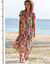 Robe col V longue imprimée, crépon (kaki / violine)