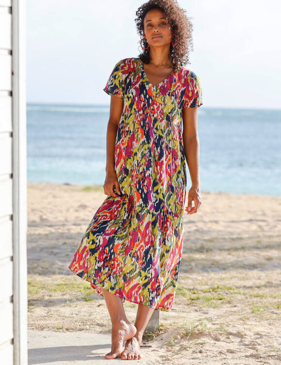 Robe col V longue imprimée, crépon (kaki / violine)