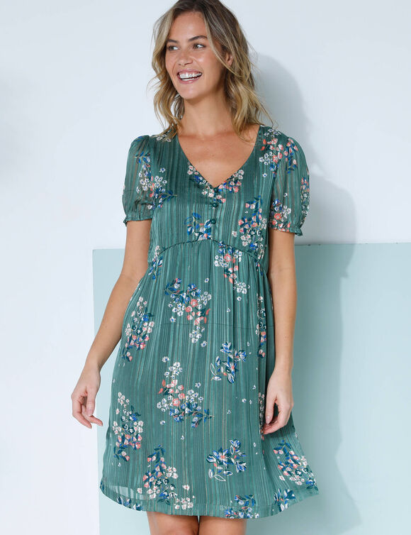 Robe courte imprimé floral, voile fils brillants (kaki / beige)