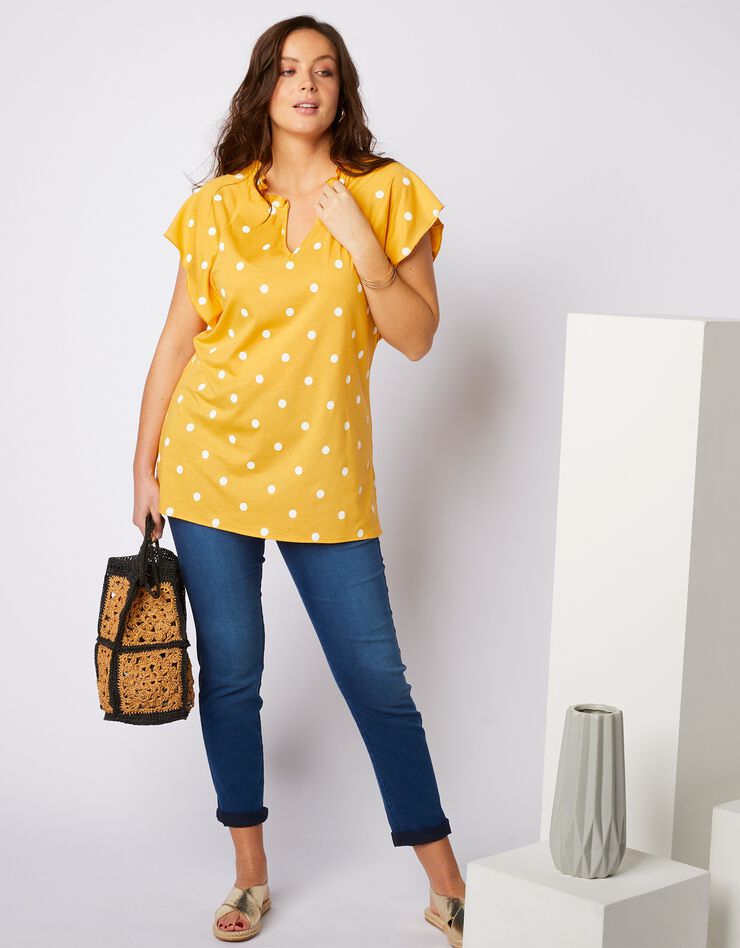 Top fluide à manches courtes raglan imprimé pois (jaune / blanc) Top fluide à manches courtes raglan imprimé pois (jaune / blanc)