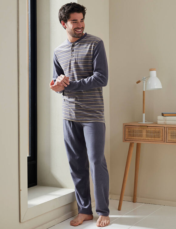 Pyjama pantalon rayé velours manches longues (anthracite)