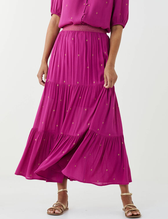 Jupe longue volant&eacute;e imprim&eacute; dor&eacute;, cr&eacute;pon (violine / dor&eacute;)