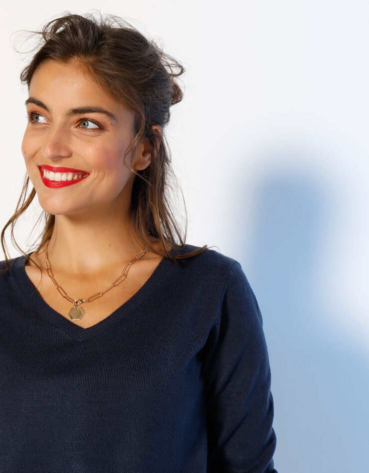 Pull col V toucher cachemire (marine)