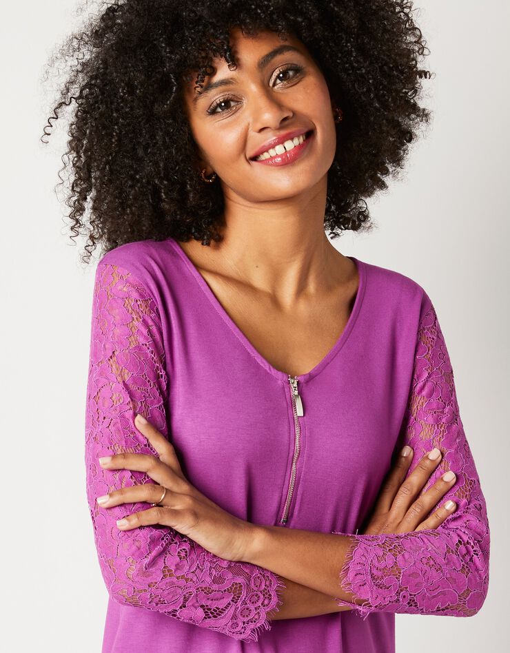 Tee-shirt col zippé manches 3/4 dentelle jersey (violine) Tee-shirt col zippé manches 3/4 dentelle jersey (violine)