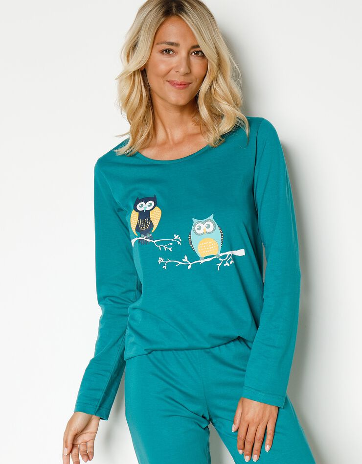 Pyjama en coton imprimé hiboux manches longues (vert sapin) Pyjama en coton imprimé hiboux manches longues (vert sapin)