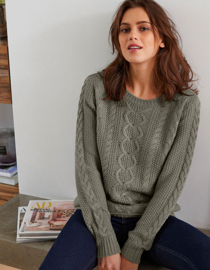 Pull col rond, maille torsadée (kaki) Pull col rond, maille torsadée (kaki)