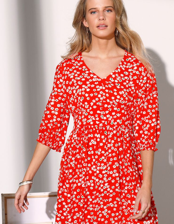 Robe fluide boutonné base évasée imprimé fleuri (rouge / écru)