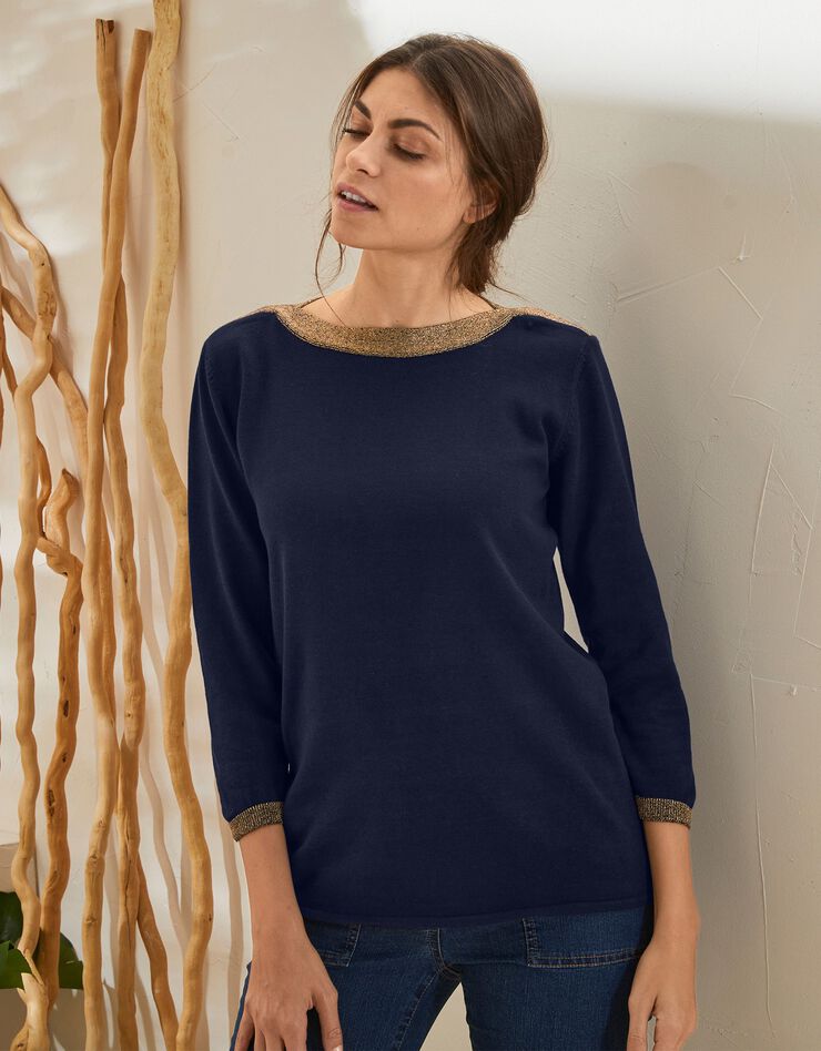 Pull col bateau bicolore, fils brillants (marine) Pull col bateau bicolore, fils brillants (marine)