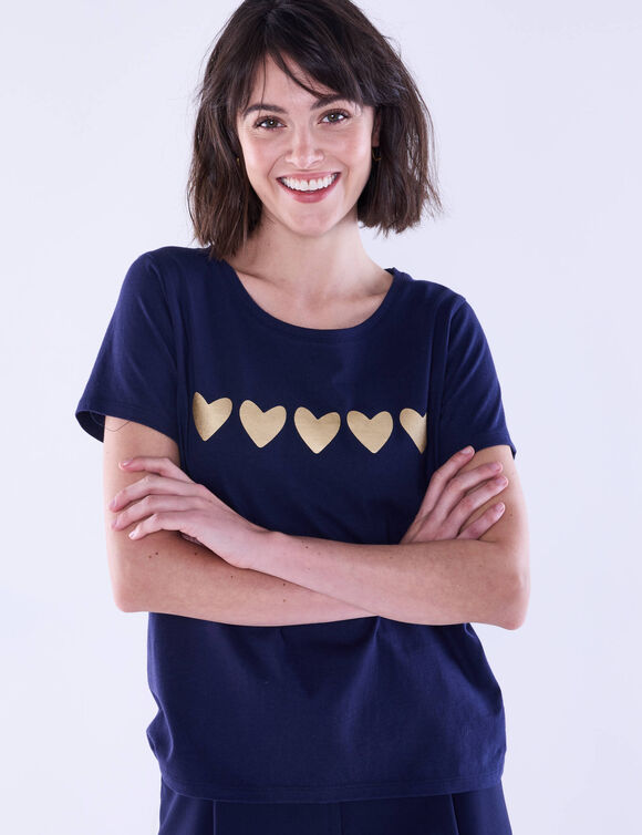 T-shirt manches courtes, imprimé coeurs dorés (marine)