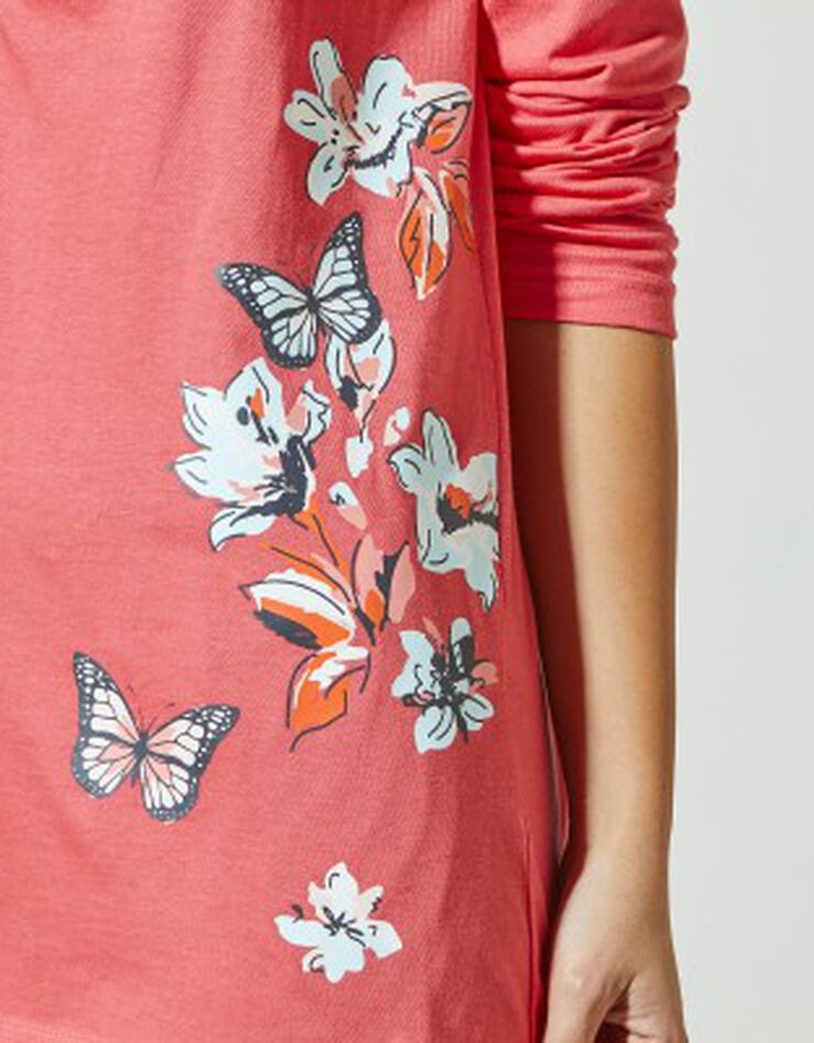 T-shirt pyjama manches longues imprimé placé papillons (corail) T-shirt pyjama manches longues imprimé placé papillons (corail)
