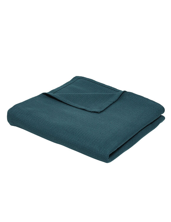 Jet&eacute; de canap&eacute; ou plaid uni nid d&rsquo;abeille - coton (bleu paon)