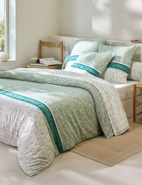 Linge de lit Constance en coton imprimé feuilles (amande)