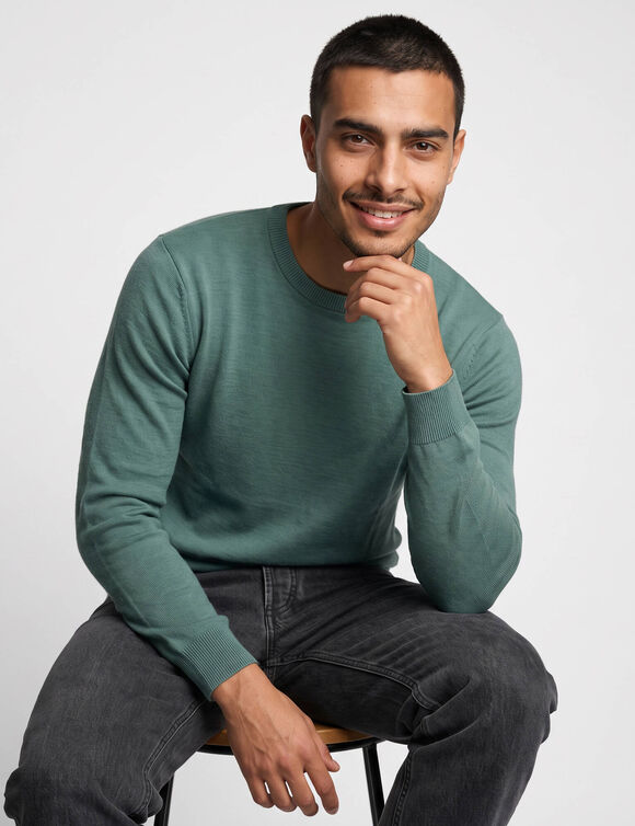 Pull maille milano, col rond, manches longues (bleu vert)