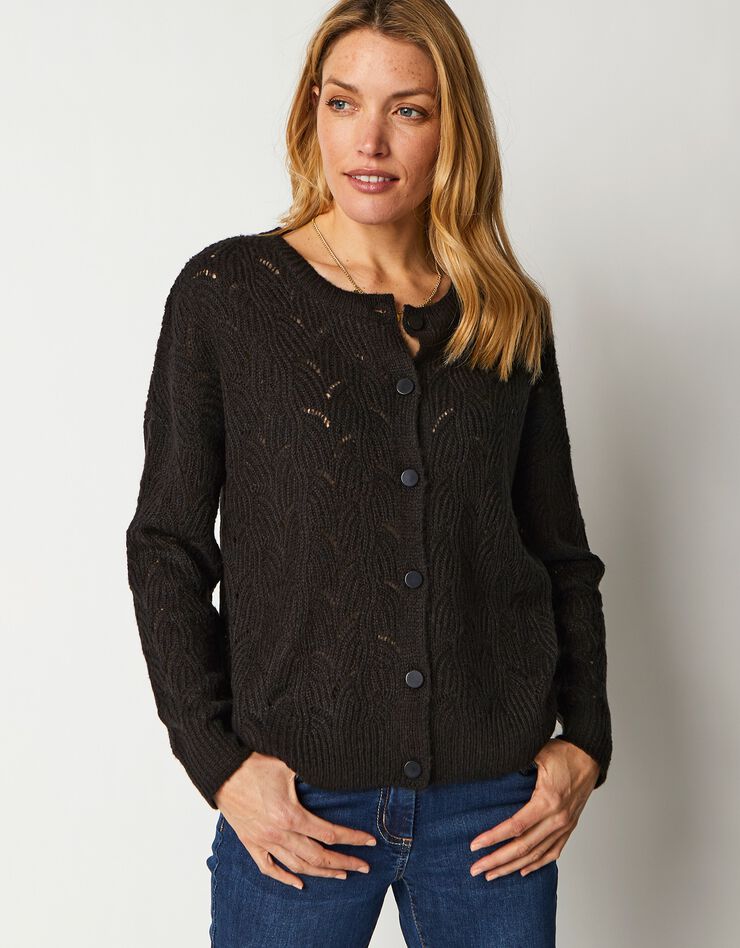 Gilet boutonné maille perlée ajourée (noir) Gilet boutonné maille perlée ajourée (noir)