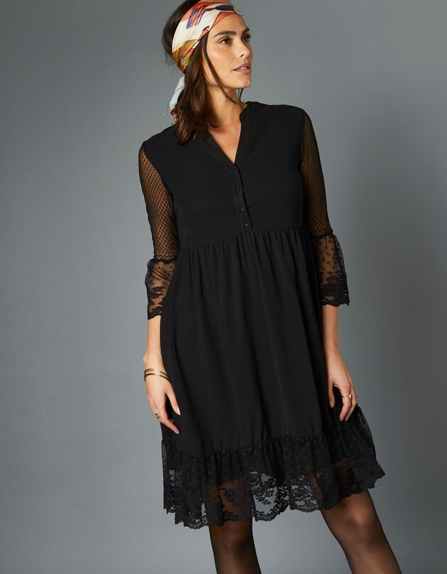 Robe dentelle manches 3/4 unie (noir)