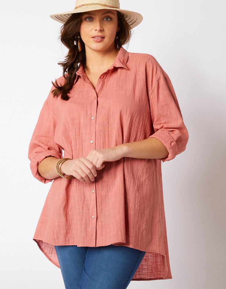 Chemise longue coupe trapèze effet lin (corail) Chemise longue coupe trapèze effet lin (corail)