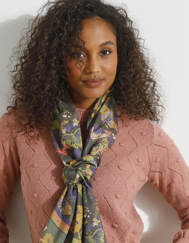Foulard style chèche fabriqué en France imprimé papillons, 160 x 70 cm - coton (bronze / violet)