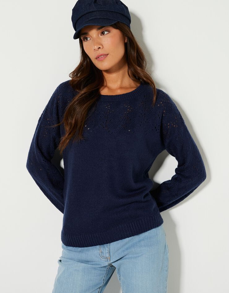 Pull manches longues blousantes, maille ajourée toucher mohair (marine) Pull manches longues blousantes, maille ajourée toucher mohair (marine)