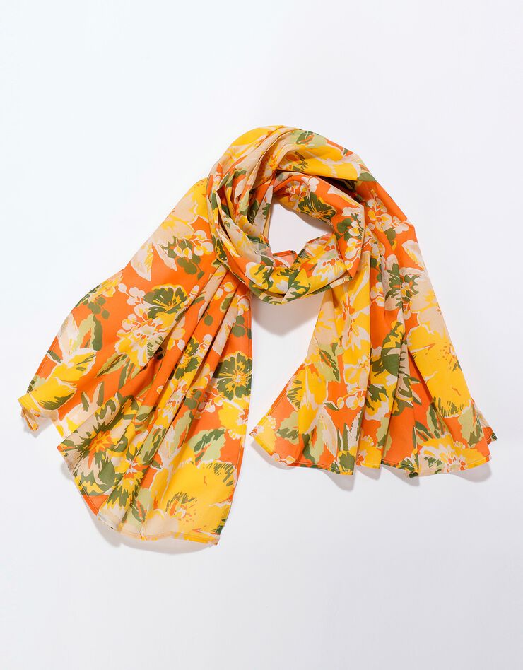 Foulard style chèche fabriqué en France imprimé fleurs, 160 x 70 cm  - coton (corail / amande)