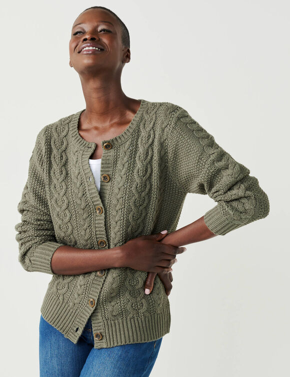 Cardigan boutonn&eacute;, maille torsad&eacute;e (kaki)