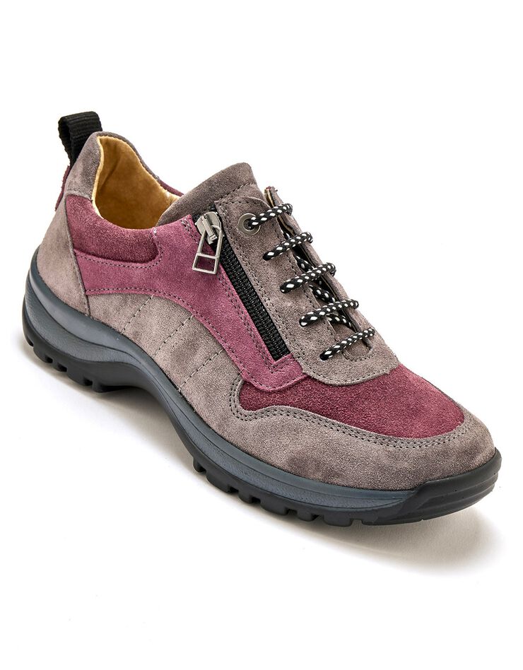Baskets de randonnée zippées et lacées Grande Largeur en cuir (gris / rose) Baskets de randonnée zippées et lacées Grande Largeur en cuir (gris / rose)
