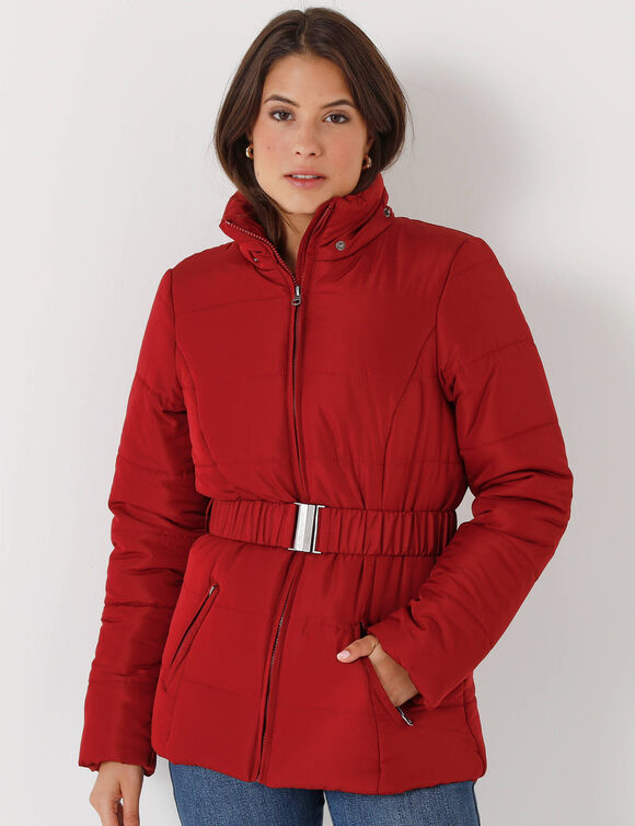 Doudoune courte ceinturée (rouge foncé)