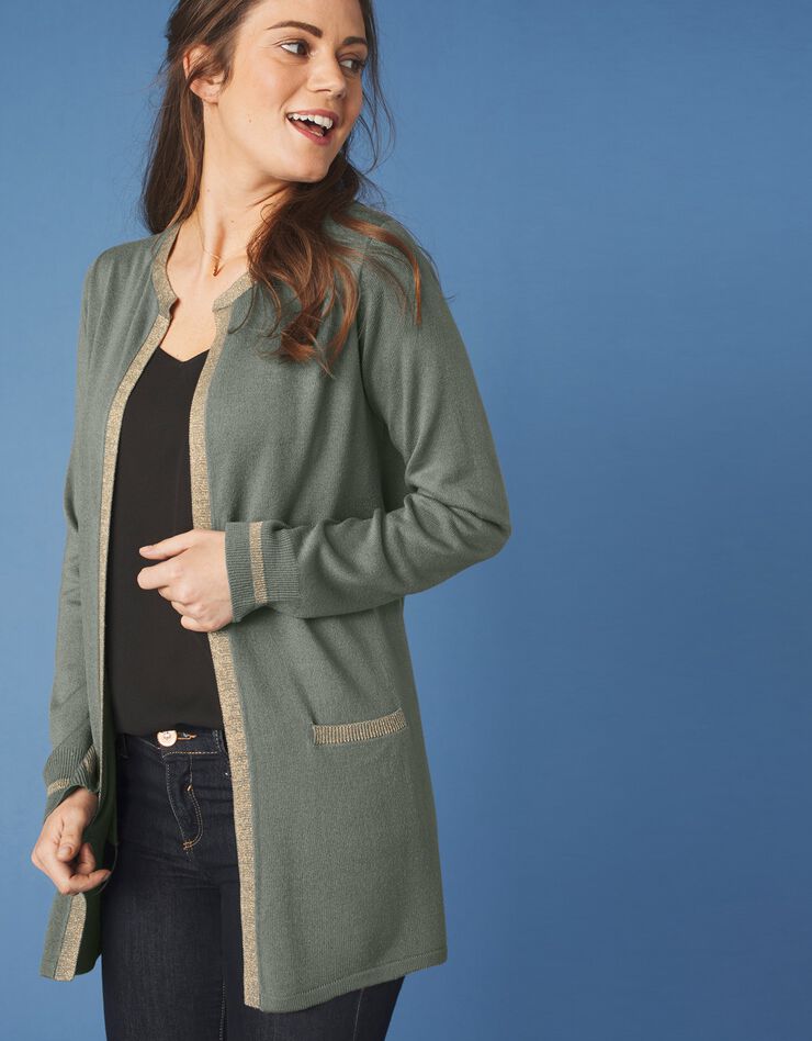 Gilet long toucher cachemire détails brillants (kaki) Gilet long toucher cachemire détails brillants (kaki)