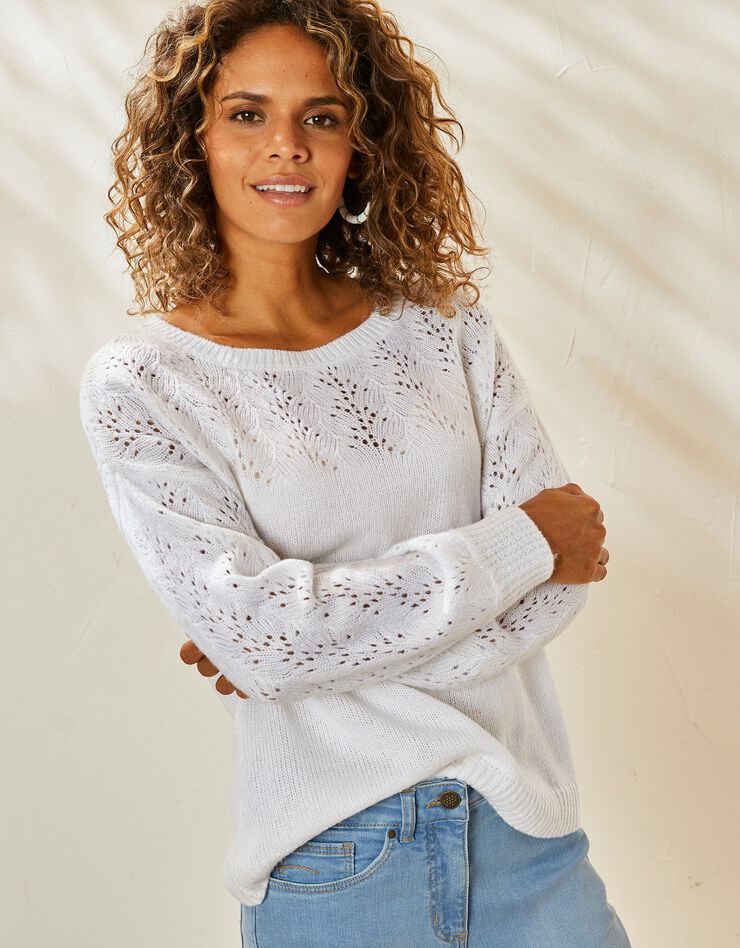 Pull manches longues blousantes, maille ajourée toucher mohair (blanc) Pull manches longues blousantes, maille ajourée toucher mohair (blanc)