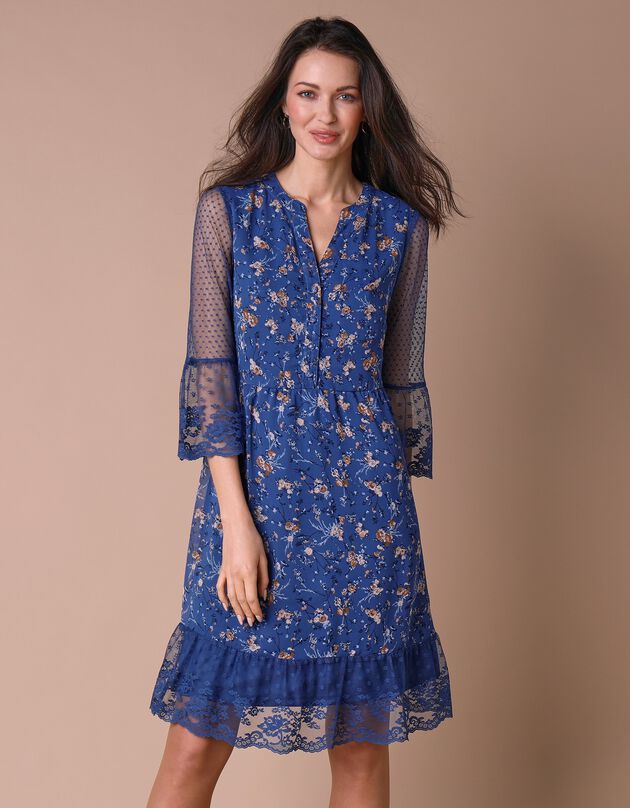 Robe dentelle manches 3/4 imprimée (bleu grisé)