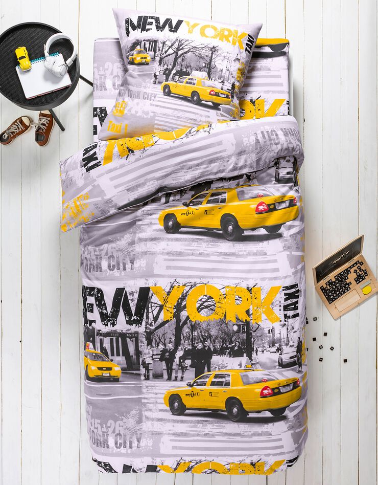 Linge de lit enfant Drive - polycoton imprimé taxis new-yorkais (gris)