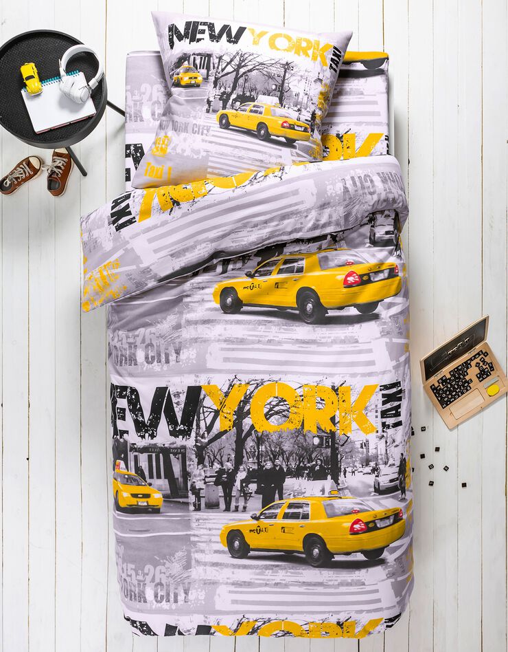 Linge de lit enfant Drive - polycoton imprimé taxis new-yorkais (gris)