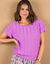 Pull col rond dégagé manches courtes, maille fantaisie (lilas)