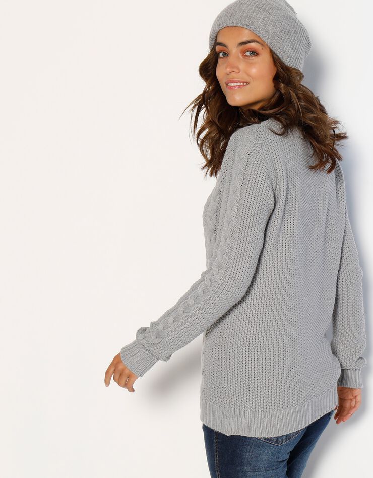 Pull col rond, maille torsadée (gris) Pull col rond, maille torsadée (gris)