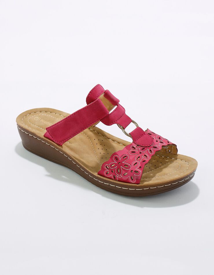 Mules confort compensées effet bois à bride scratchée (fuchsia) Mules confort compensées effet bois à bride scratchée (fuchsia)