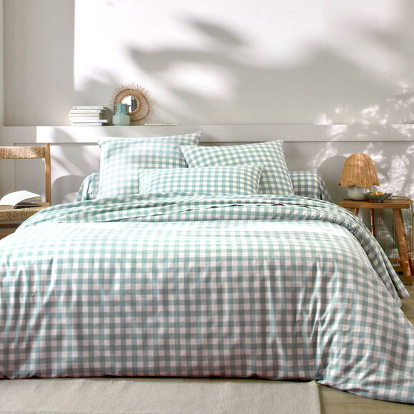 Linge de lit Lou imprim&eacute; carreaux - en coton (vert gris&eacute;)