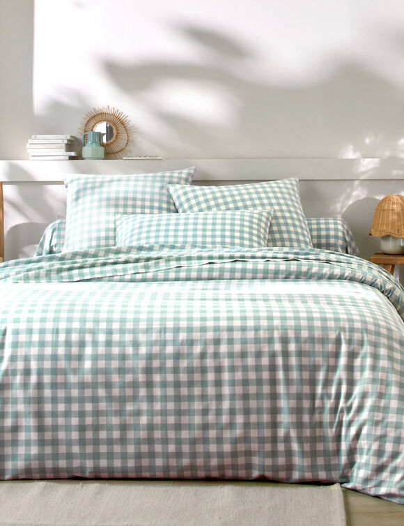 Linge de lit Lou imprim&eacute; carreaux - en coton (vert gris&eacute;)