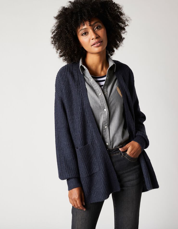 Gilet long porter ouvert, maille anglaise toucher mohair (marine)