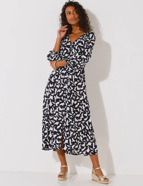 Robe longue boutonnée, crépon, imprimé graphique (marine / écru)