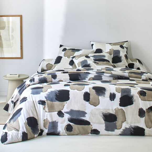 Linge de lit Ernest en coton imprim&eacute; (beige / noir)