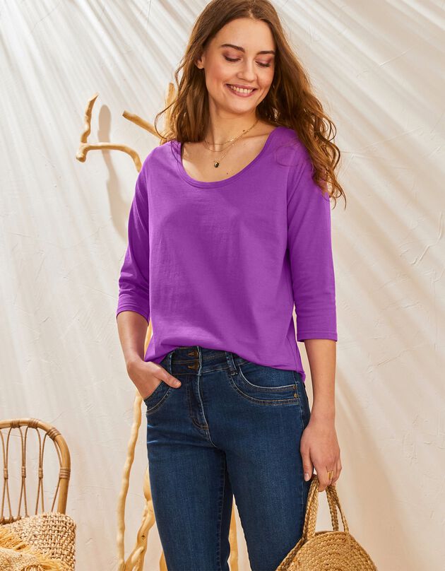 Tee-shirt manches 3/4 col rond uni coton bio (lilas) Tee-shirt manches 3/4 col rond uni coton bio (lilas)