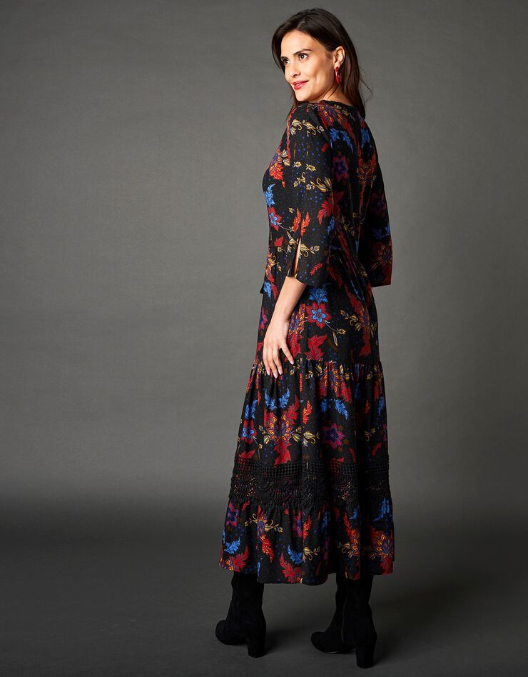 Robe longue imprimée manches 3/4 (noir / rouge)