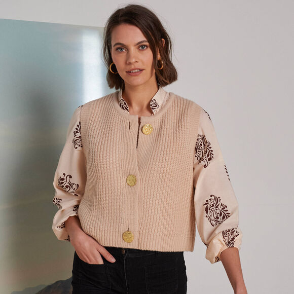 Gilet sans manches toucher doux, boutons dorés (beige)