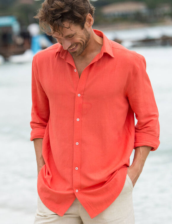 Chemise coton lin manches longues boutonnée (papaye)