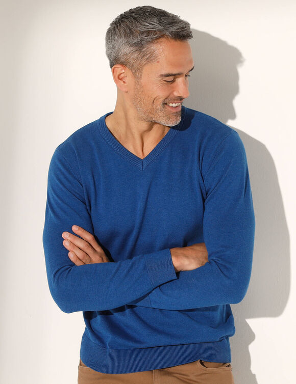 Pull pur coton col V manches longues (bleu chiné)