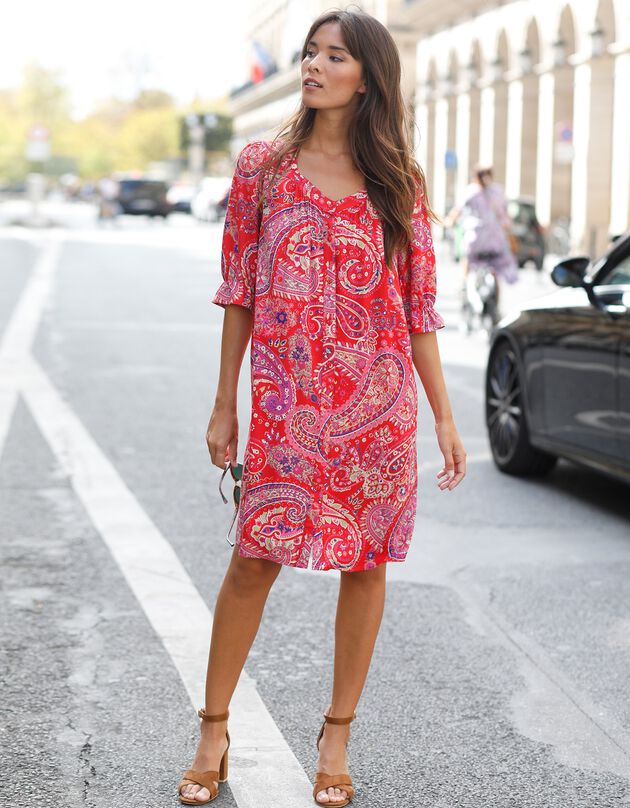 Robe boutonnée imprimée manches coude (rouge)