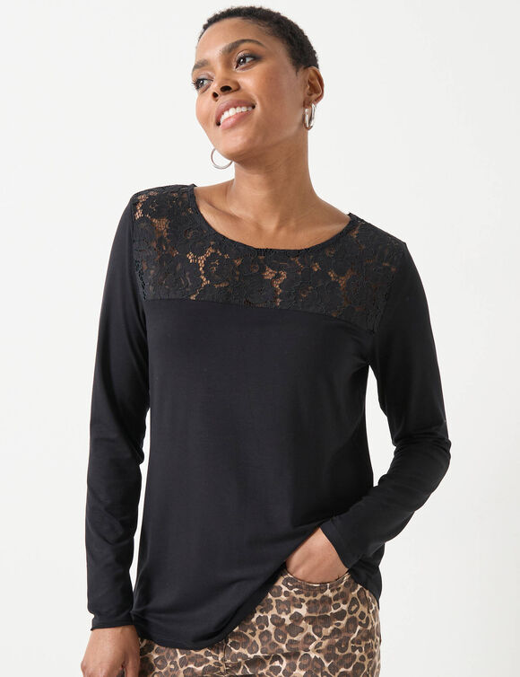 T-shirt col rond manches longues dentelle (noir)