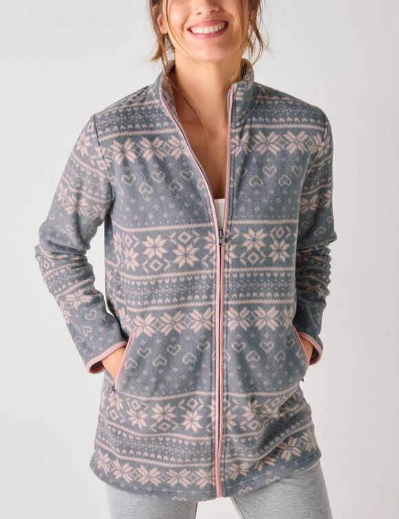 Veste zipp&eacute;e maille polaire imprim&eacute;e (gris / rose)
