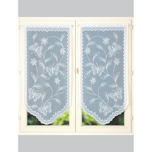 Vitrage droit pointe maille dentelle motif bucolique - la paire (blanc)