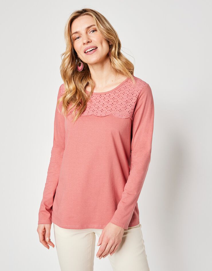 Tee-shirt manches longues, empiècement broderie anglaise (terracotta) Tee-shirt manches longues, empiècement broderie anglaise (terracotta)