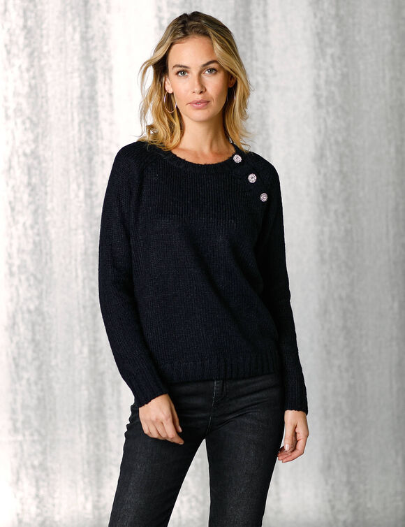 Pull &eacute;paule boutonn&eacute;e bijoux (noir)
